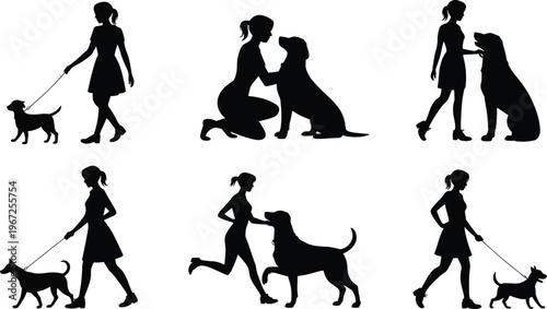 Collection of woman silhouettes walking with dog on leash, playing with puppy, and pet training activities, isolated flat vector illustration,