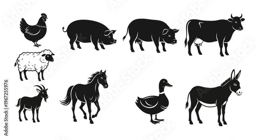Farm Animals Silhouettes Collection Vector Illustration.