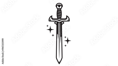 Sword with an eye on the pommel and sparkling effects, black graphic on white background. featuring weapon, blade, fantasy with magic and medieval