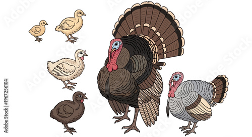 Group of Turkeys with Chicks and Hens.