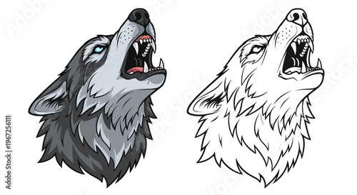 Illustration of Two Howling Wolf Heads.