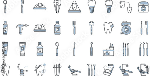Dental Care and Oral Health Icon Set with Toothbrush, Tooth, Dental Tools, Floss, and Clinic Equipment for Dentistry, Hygiene, and Treatment Design