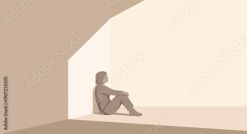 Seated person gazing at bright opening in enclosed space. Suitable for mindfulness, solitude, contemplation, hope, and mental wellness concepts.