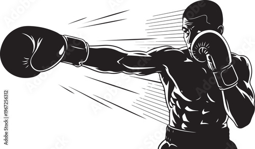 Boxer throwing punch with motion lines boxing black and white