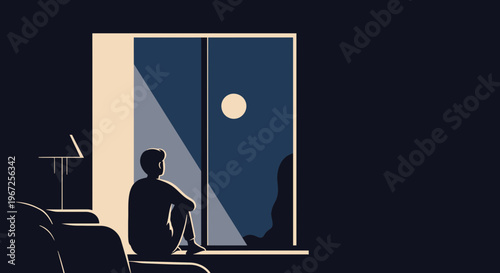 Silhouetted figure gazes at night sky through window, evoking peace, introspection. Suitable for mental health, relaxation, contemplation themes.