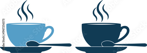 Two steaming coffee cups on saucers in blue colors
