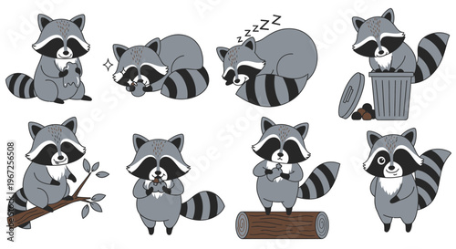 Set of Cartoon Raccoon Characters in Action.