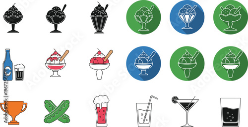 Fun Dessert and Drink Icons Including Ice Cream, Soda, Hot Dog, Beer, and Cocktail in Colorful Circle Designs
