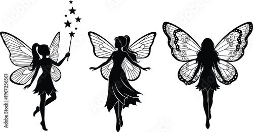 Set of fairy silhouettes with wings and magic wand isolated on white background vector illustration fantasy characters decorative design