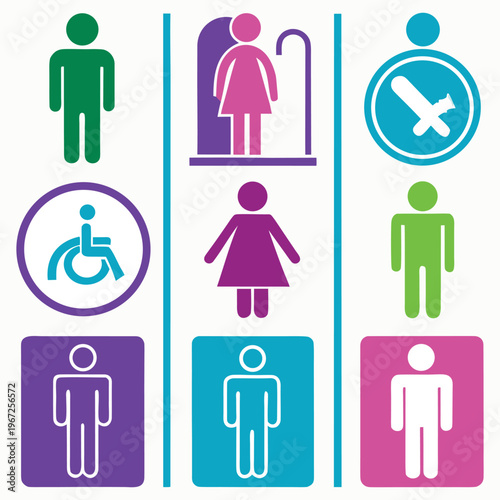 Restroom signs, toilet icons, bathroom symbols, gender neutral, accessible