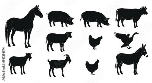 Silhouettes of Various Farm Animals Standing.