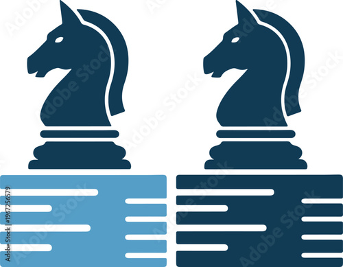 Two navy blue chess knights on colored blocks with white lines