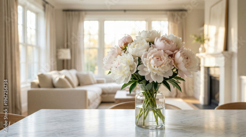 Beautiful bouquet of fresh pink and white peonies on a marble table in a bright elegant living room