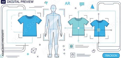 Augmented Reality T Shirt Preview Illustration with AR Fitting, Digital Try On, Mobile Interface and Virtual Apparel Visualization for Ecommerce and Fashion Technology