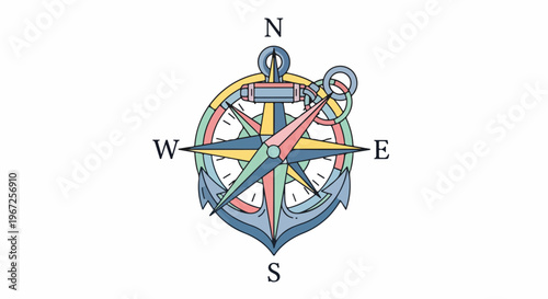 Nautical Compass Rose with Anchor and Cardinal Directions N, S, E, W, Symbolizing Navigation, Direction, and Exploration