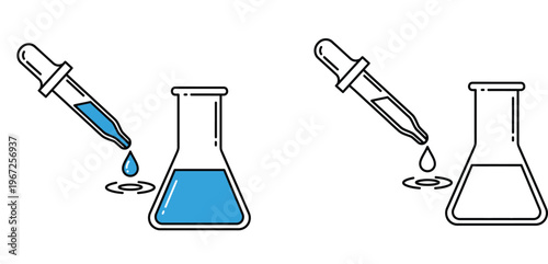 Chemistry laboratory icons featuring a dropper dispensing liquid into an Erlenmeyer flask. Colored and black and white vector line art illustrations for science and medical design.