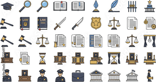 Law and Justice Icon Set Featuring Courtroom, Legal Tools, Police, and Documents for Legal and Judicial Systems