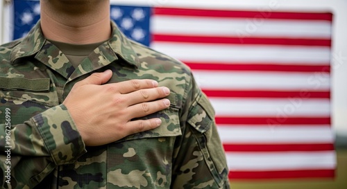Honoring the nation a soldier's pledge of allegiance with american flag backdrop