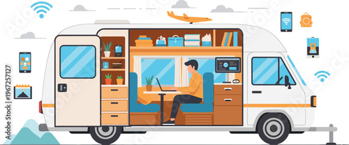 Digital Nomad Van Life Illustration with Mobile Workspace, Remote Work Setup, Camper Interior, Travel Lifestyle and Wireless Technology for Modern Freelance and Adventure Design