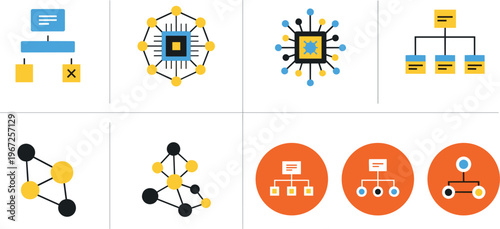 Modern Network and Workflow Icons Featuring Nodes, Process Flow, and Computer Chips for Digital and Tech Applications