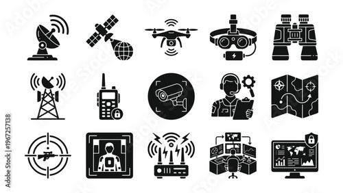 Military surveillance and reconnaissance glyph icon set for defense technology, intelligence operations, and security monitoring UI design