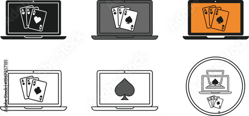 Online Casino Icon Set with Playing Cards, Spades, and Laptop for Gambling, Gaming, and Digital Entertainment Designs