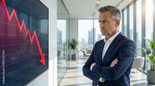 Concerned businessman looking at a large screen displaying a downward trending red financial graph in a modern office