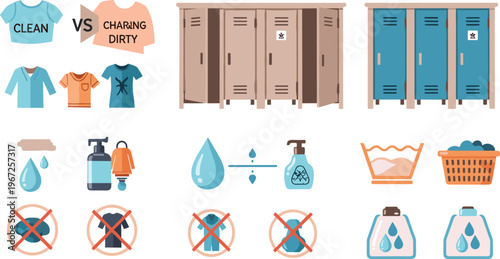 Laundry Care Illustration Set with Clean vs Dirty Clothes, Washing Symbols, Detergent Usage, Locker Storage and Fabric Care Instructions for Household and Textile Design