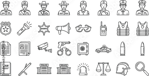 Police and Law Enforcement Icon Set Featuring Officers, Equipment, Tools, and Legal Symbols for Security and Justice