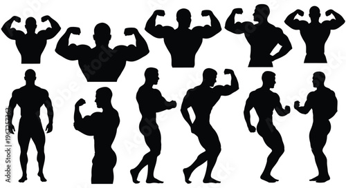 Collection of muscular men in various poses black silhouette