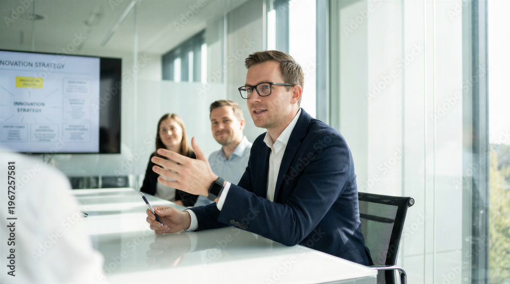 Fototapeta premium Confident businessman leading a discussion on innovation strategy in a bright modern conference room