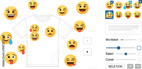 Emoji T Shirt Customization Illustration with Facial Expressions, Mix and Match Design Options, UI Controls and Creative Apparel Personalization for Fashion and Merchandising