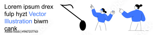 Music, interaction, minimalist art, creativity, education, and expression. Abstract musical note with two stylized human figures gesturing confidently. Music and interaction concept