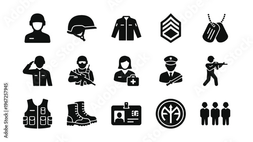Military and law enforcement personnel glyph icon set for defense, security services, armed forces, and team identity UI design
