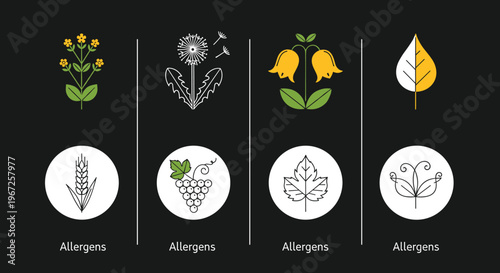 Botanical Allergen Icon Set Featuring Flowers Leaves Wheat Grape Plant Symbols Minimal Line and Color Nature Elements Collection for Labels