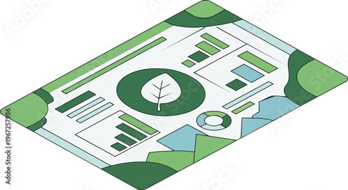 Sustainability and ESG Data Dashboard Illustration: Environmental Analytics, Ecology Report, and Carbon Footprint Tracking Isometric Graphic