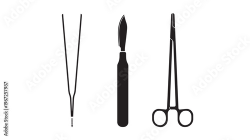 Scalpel, tweezers, and surgical scissors set with simple black silhouettes on a white background for medical illustration.