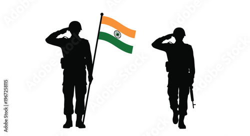 Two soldiers salute the indian flag a striking black silhouette
