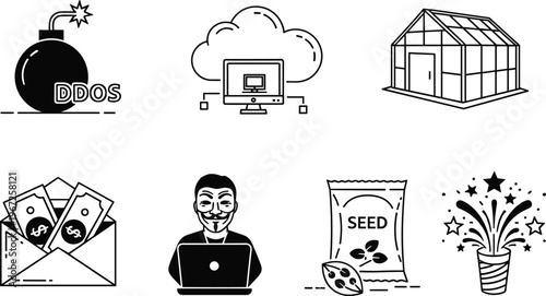 Cyber Security And Technology Icon Set Featuring DDoS Attack Cloud Network Hacker Money Envelope Seed Packet And Celebration Elements