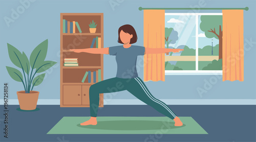 Woman practicing yoga at home in Warrior II pose, vector illustration