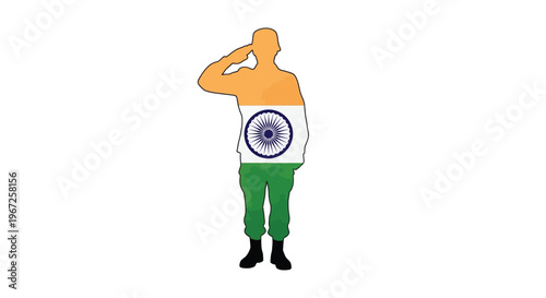 Indian soldier saluting with the national flag as a striking silhouette