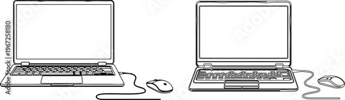 Sketch of two open laptops with detailed internal components bile