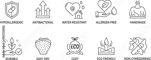 Eco Friendly Product Features Icon Set Including Hypoallergenic Antibacterial Water Resistant Durable Handmade Sustainable Quality Line Symbols Collection