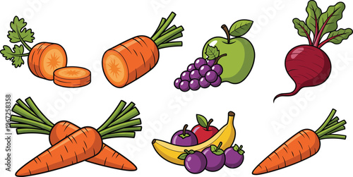 Fresh Fruits And Vegetables Illustration Set Featuring Carrot Apple Grapes Banana Beetroot And Organic Healthy Food Elements Collection