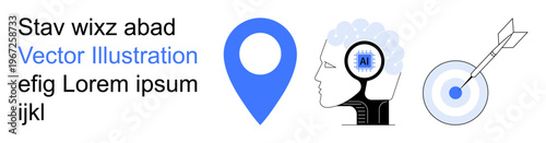 Artificial intelligence, geolocation, precision, data visualization, analytics, innovation. Blue location pin, human head with AI chip dart hitting target. Artificial intelligence and geolocation