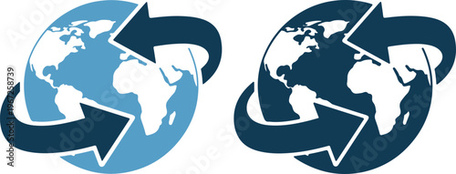 Two globe icons with circular arrows in blue and white colors