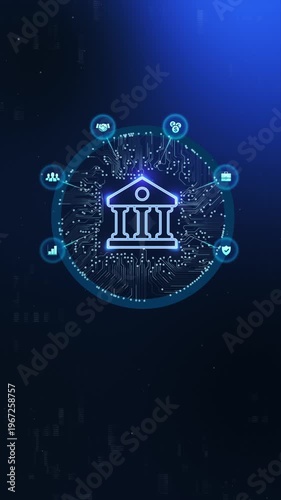 Vertical 4K Royal Blue Banking AI Background. Mobile HUD Circuit with Bank Icon and Circular Financial Service Nodes.