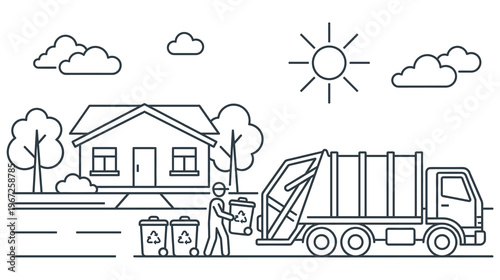 Garbage truck collecting trash bins outside house for recycling service.