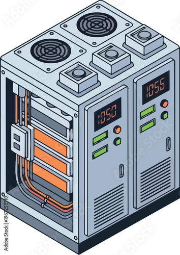 Isometric 3D Illustration of a Cryptocurrency Mining Rig and Data Center Server Rack Unit