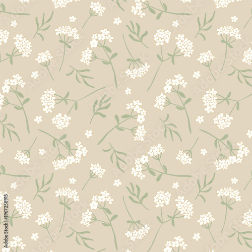 Seamless hand drawn wildflower pattern in soft beige and green. Delicate botanical wallpaper, fabric and wrapping paper background with tiny blossoms and stems in minimal cute vector style.